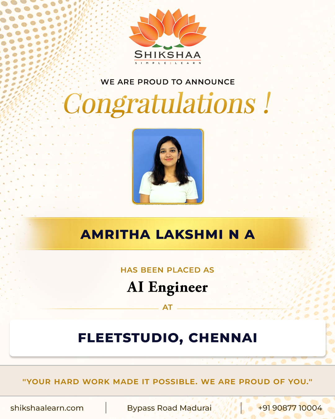 Amritha Lakshmi N A — AI Engineer | Placed at FleetStudio Chennai 