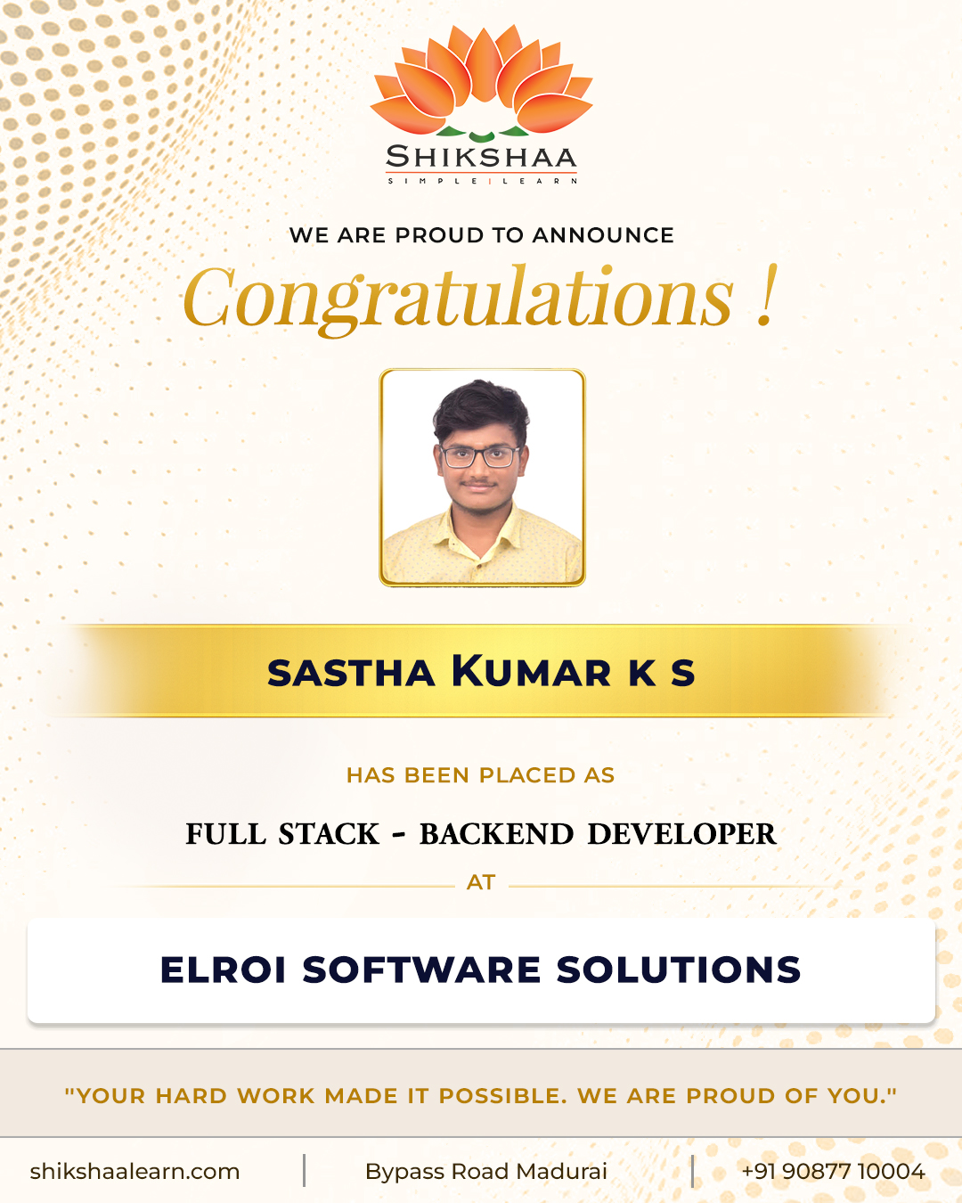 Sastha Kumar — Backend Developer at Elroi Software